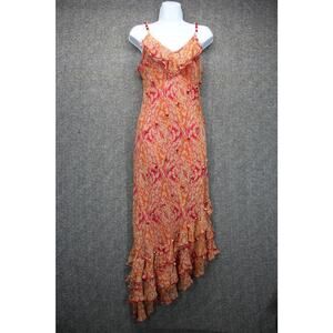 Vintage ICE Silk Slip Dress Asymmetric Red Floral Rose Midi Size 8